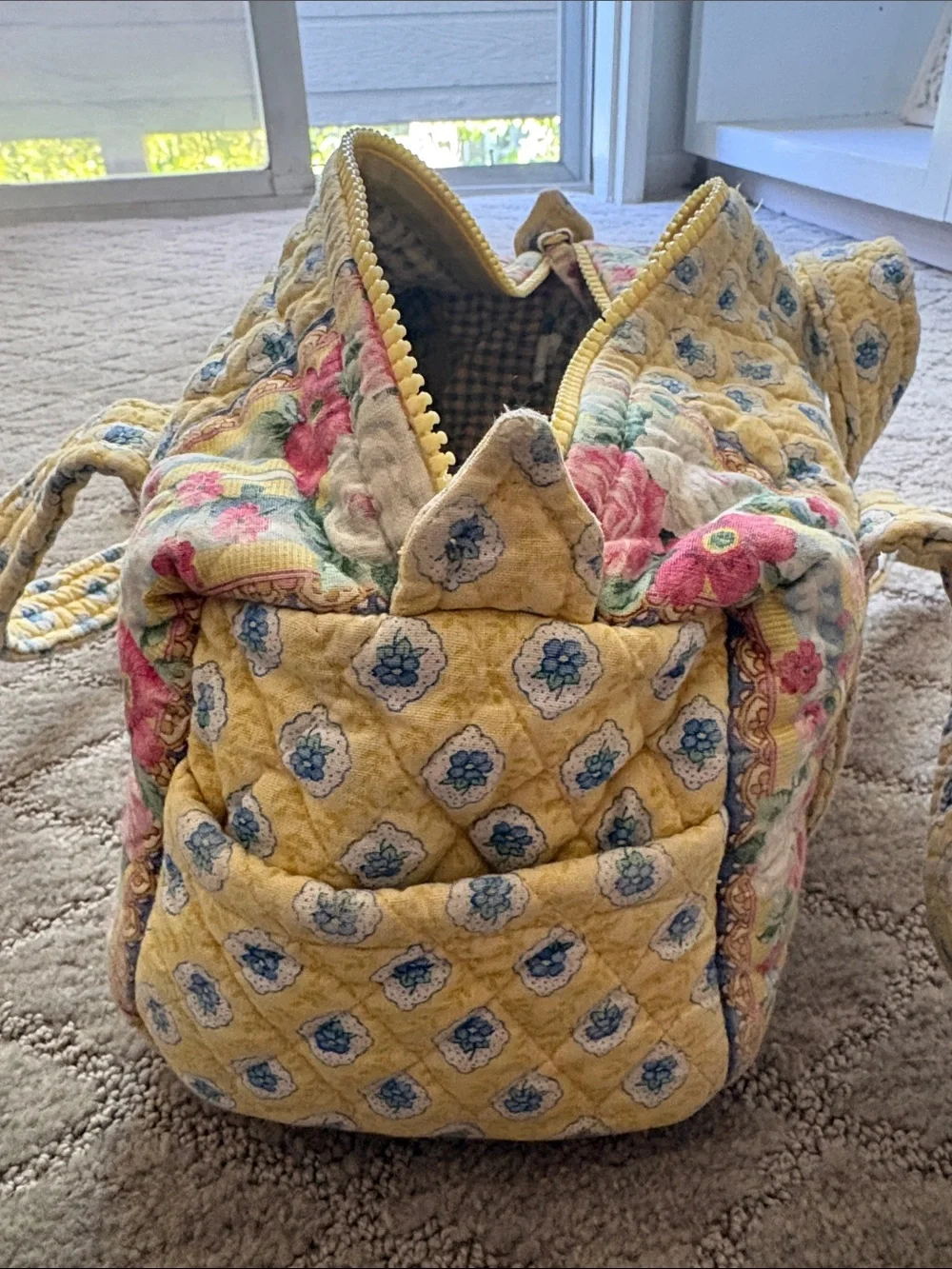 Vera Bradley Yellow Quilted Floral Cosmetic Bag or purse with Pink Rose Appliqué